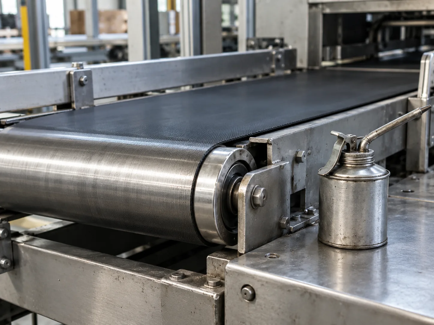 A stainless conveyor roller, a short belt and a small oil can on a machine bed