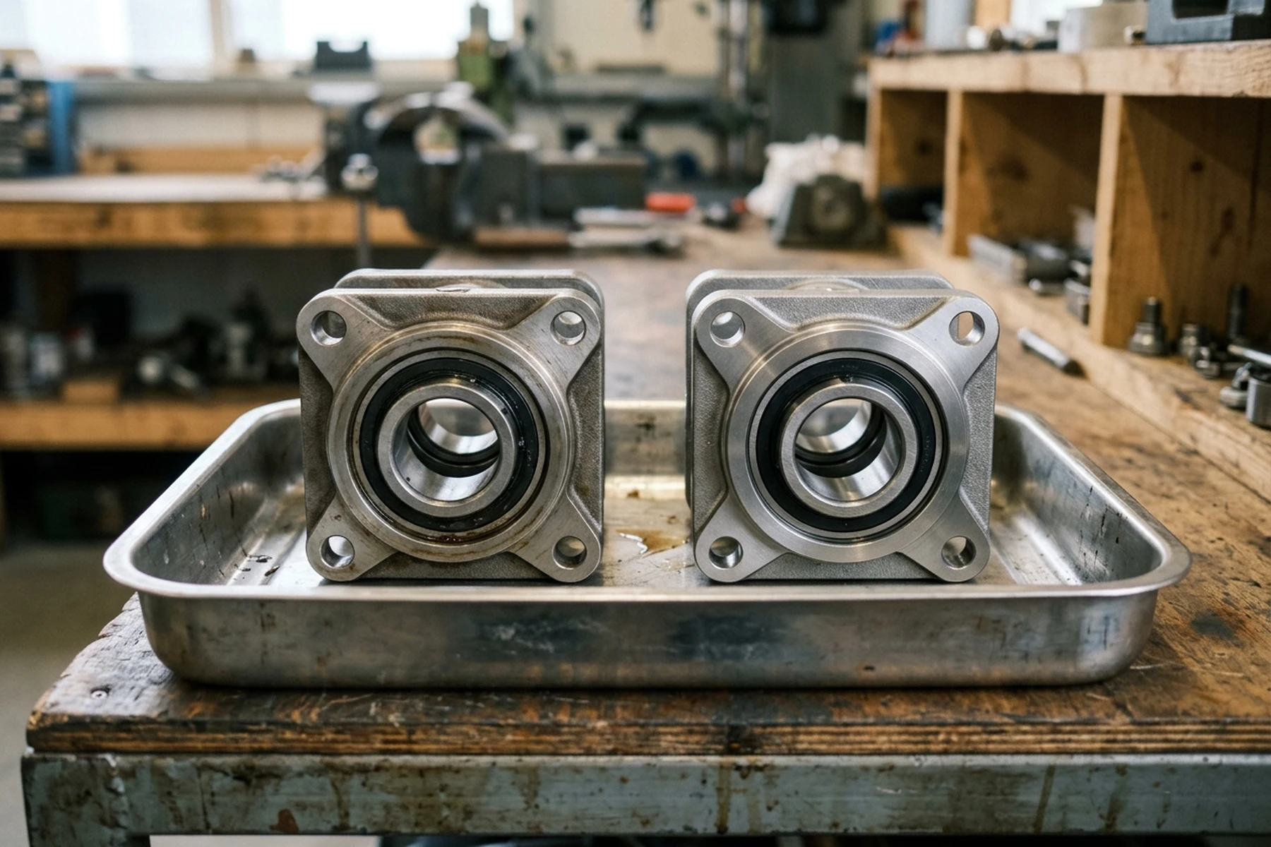 Two generic bearing cartridges with matching flange geometry and bores staged together in a maintenance tray