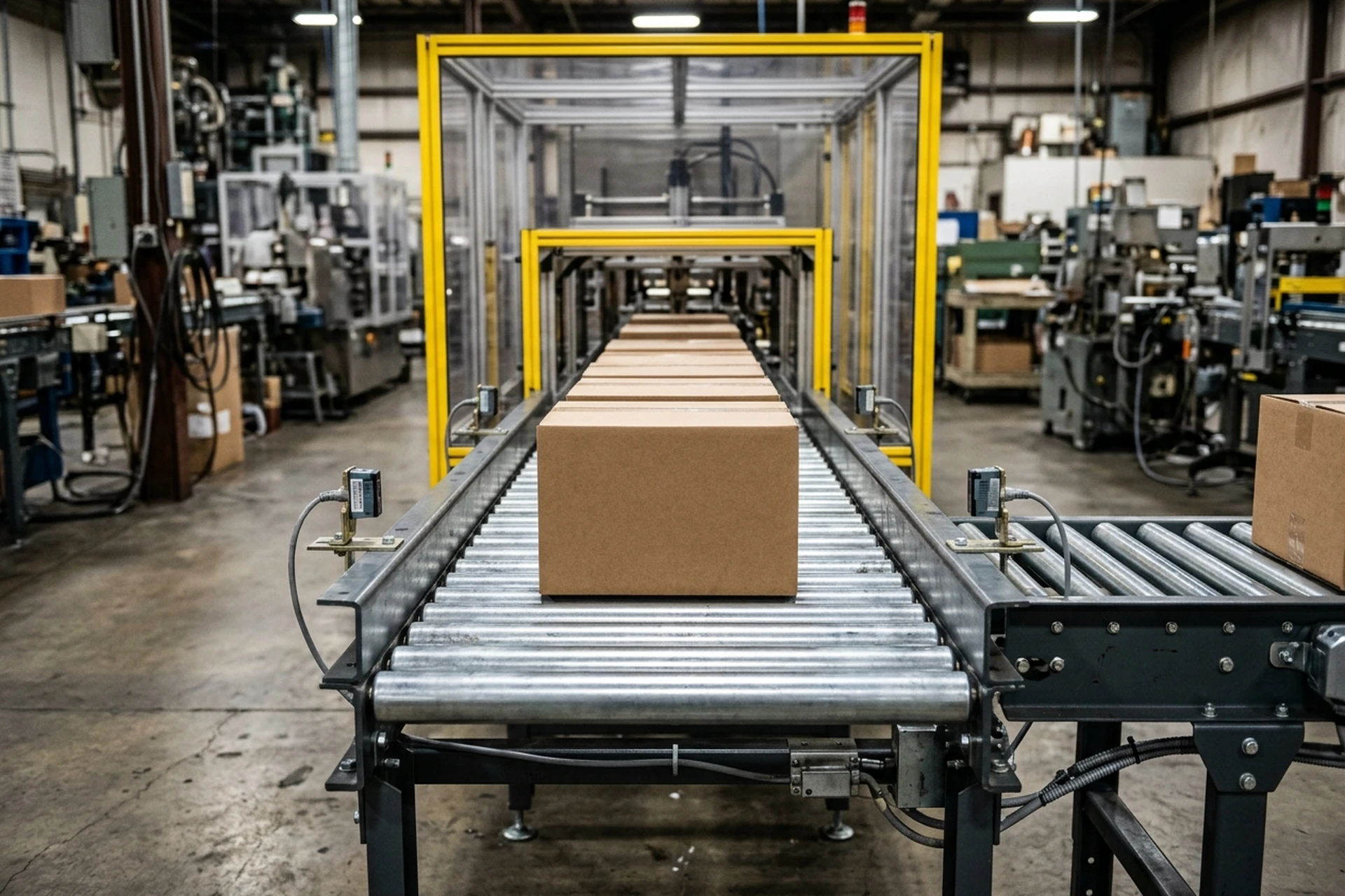 Plain cartons accumulating on a short roller conveyor leading into a guarded downstream infeed